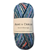Multicolored skein of yarn with Arne & Carlos label on a white background