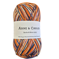 Multicolored skein of yarn with Arne & Carlos label on a white background