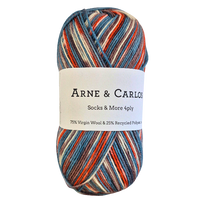 Multicolored skein of yarn with Arne & Carlos label on a white background