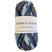 Multicolored yarn ball with Arne & Carlos label on a white background