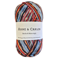 Multicolored skein of yarn with Arne & Carlos label on a white background
