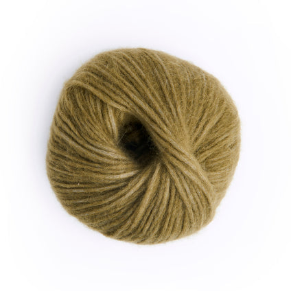 A single ball of olive green yarn photographed from above on a plain white background.
