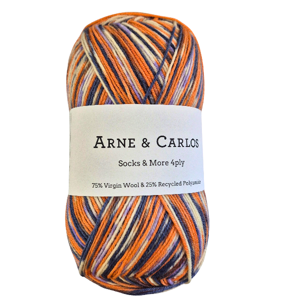 Multicolored skein of yarn with Arne & Carlos label on a white background
